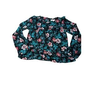 LOFT Women's XS - NWOT Long Sleeve Black/Pink/Jade Floral Vine Peplum Blouse